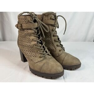 Womens Taupe Perforated Lace Up Block Heel Combat Ankle Boots Size 10